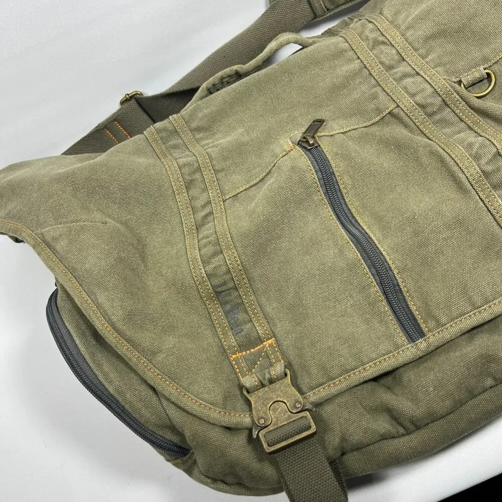 LL BEAN Bag Messenger Laptop Crossbody Paperboy Style Canvas Cotton Green VTG